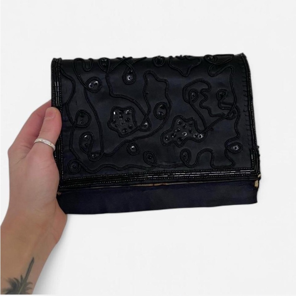 Vintage 1980s La Regale Black Beaded Evening Clutch Bag